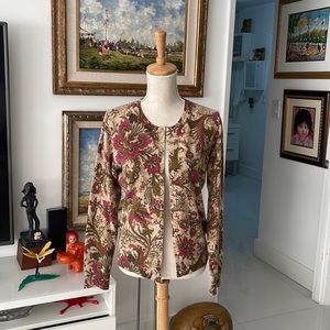 Peck & Beck Brown/Green/Pink Floral Silk Cashmere Cardigan Sweater